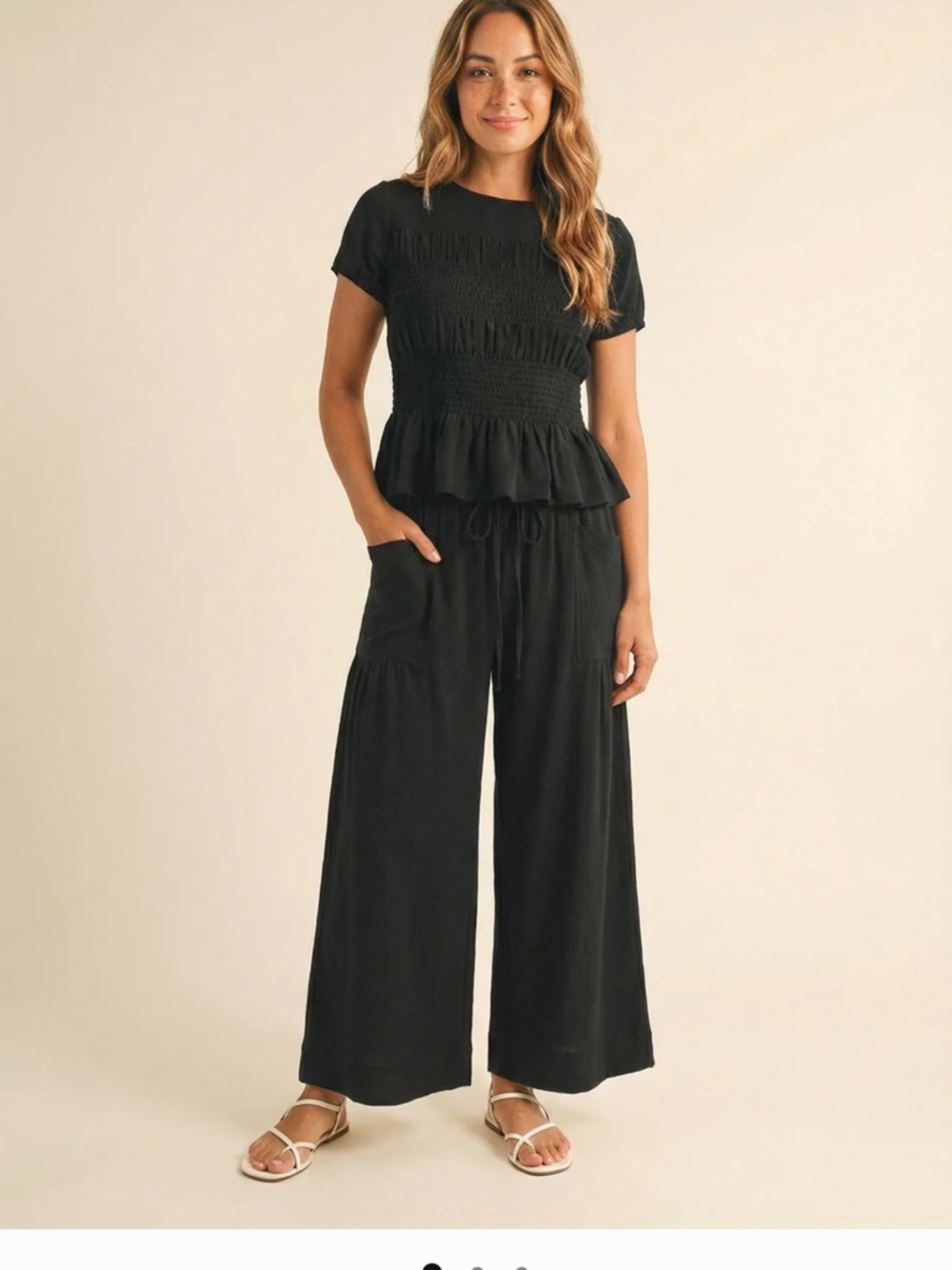 Black Wide-Leg Drawstring Pants and Ruffled Matching Top. Cute Set!